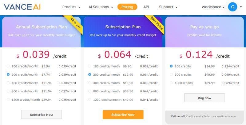 VanceAI Pricing