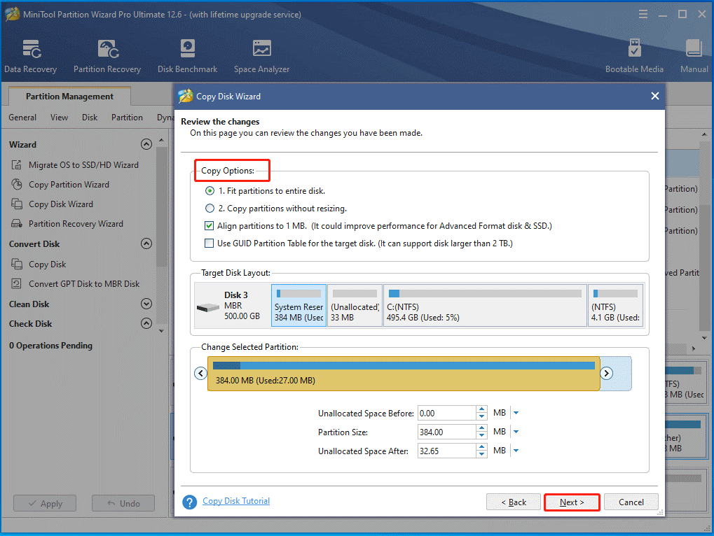 Choose copy options and set location 