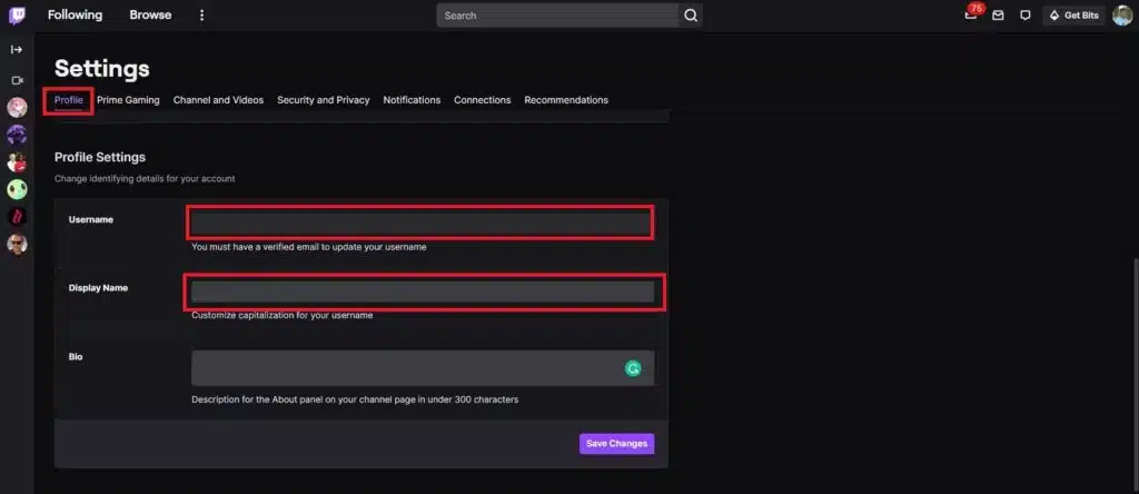 Change the Username field