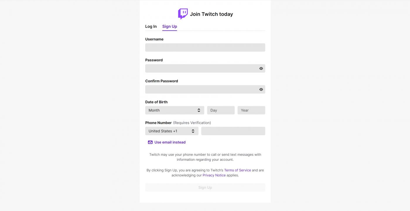 Create a new Twitch TV account