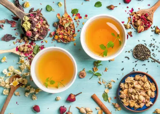 herbal tea with mint, cinnamon, dried rose and camomile flowers
