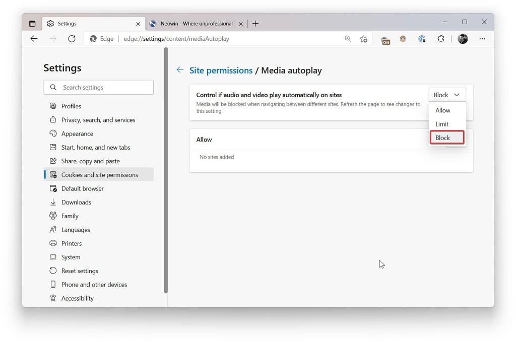 Microsoft Block Autoplay Videos in Edge