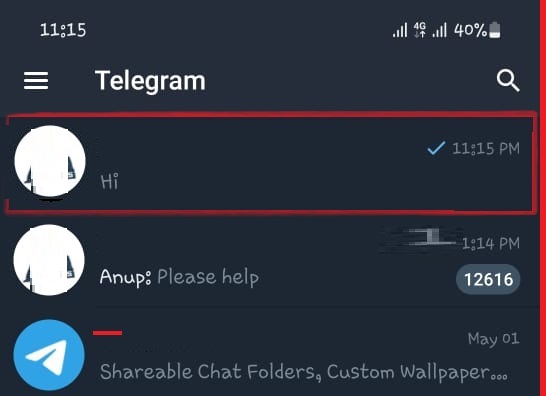 Locate the chat or contact you want to block