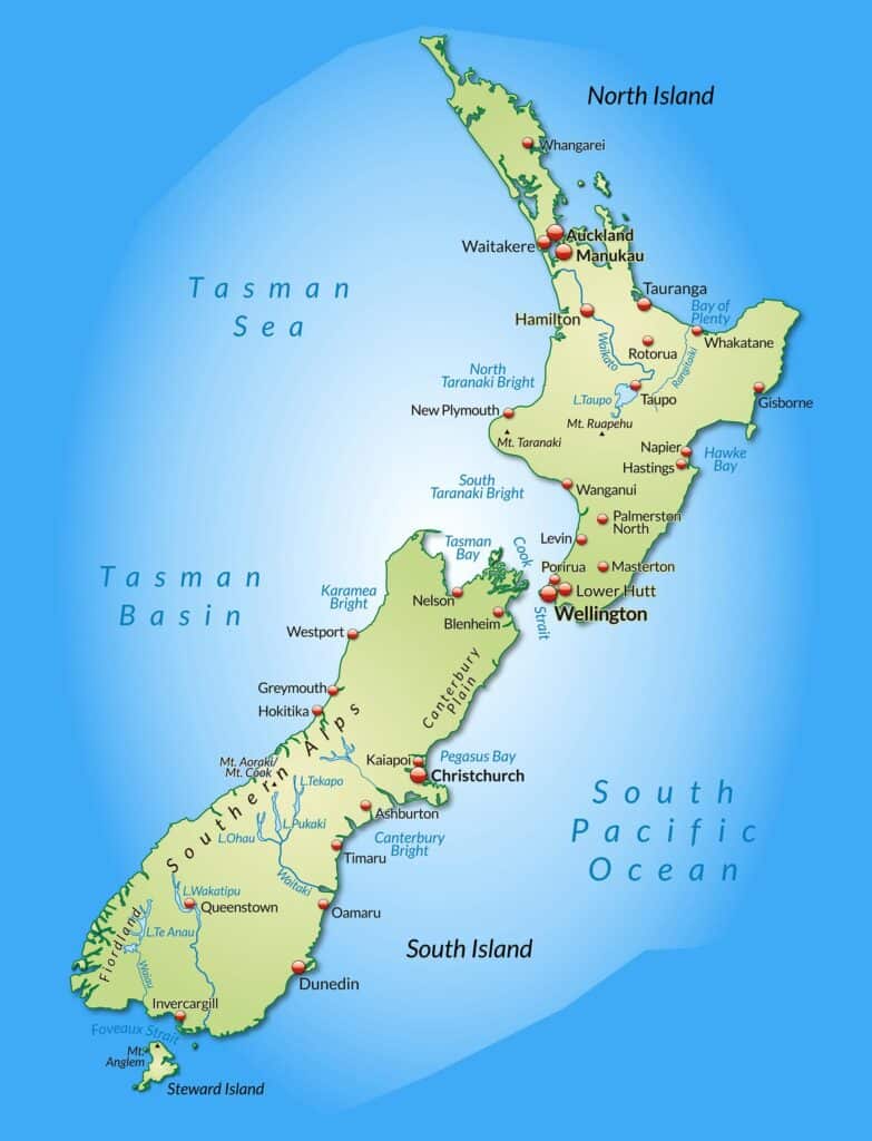 Map of New Zealand with Cities