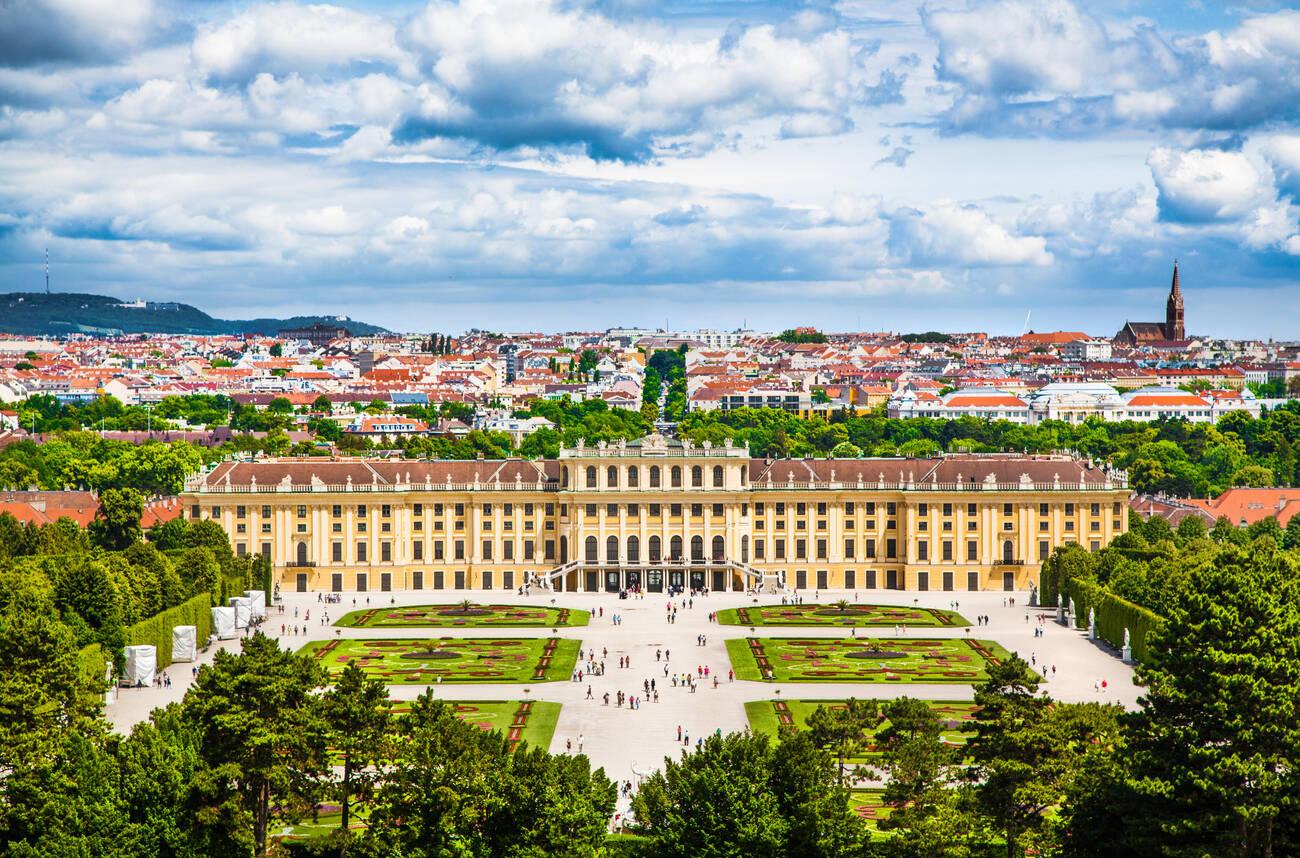 Beautiful view of famous Schonbrunn Palace with Great Parterre garden in Vienna, Austria