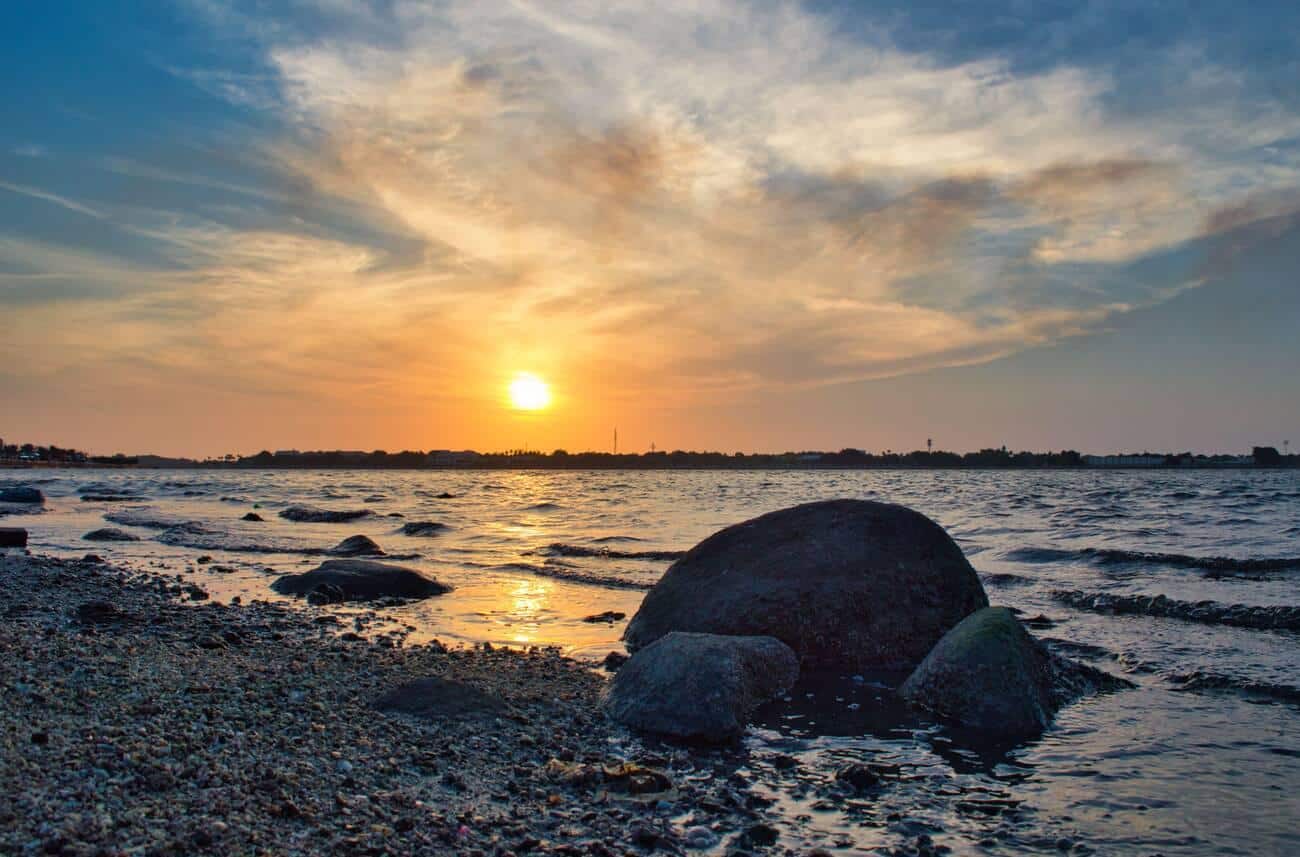 Sunset view from red sea shore of Jeddah, Saudi Arabia