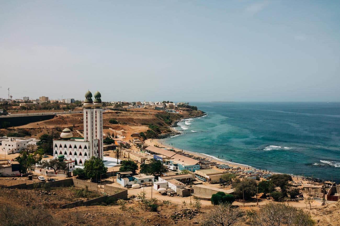 Coastline view of Dakar, Senegal with Mosque of the Divinity