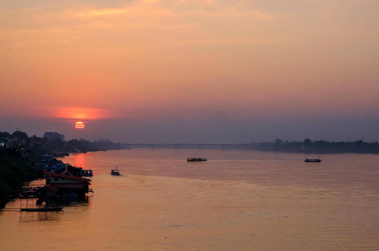 Thai-Lao Frienship Bridge over Mekong River at sunset, Nong Khai, Isan, Thailand