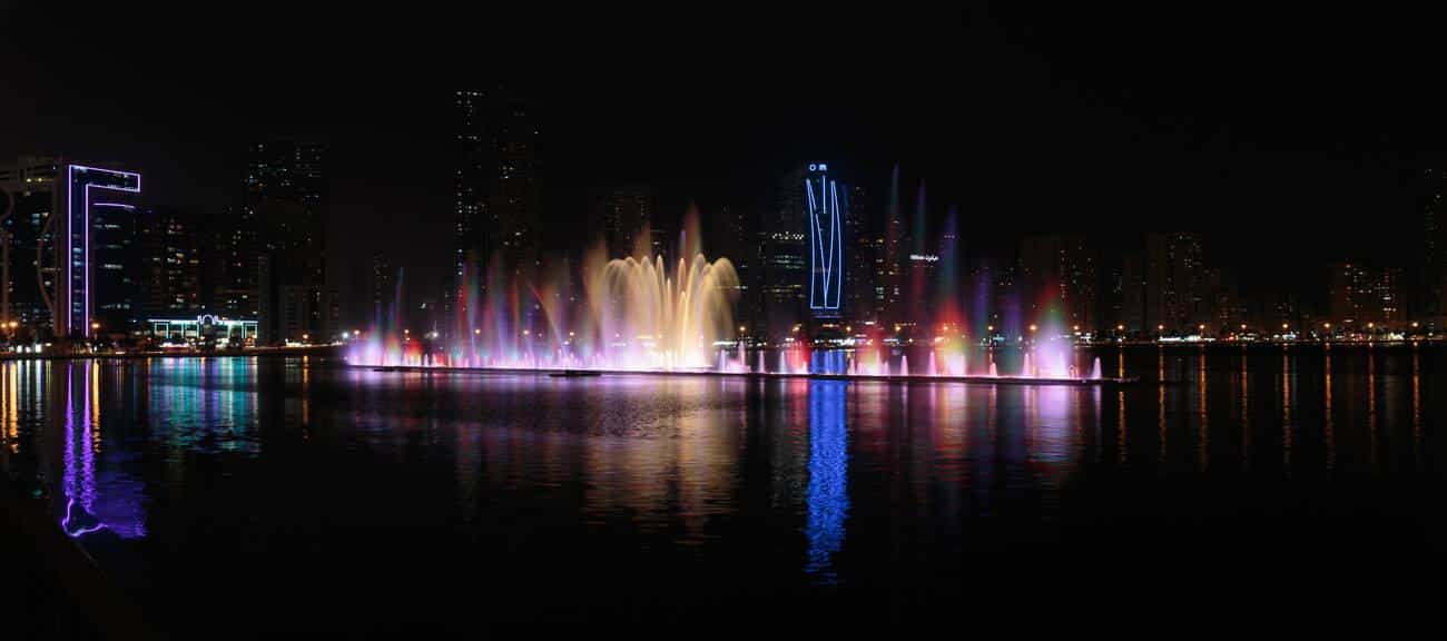 Musical fountain show. The Sharjah Fountain is one of the biggest fountains in the region