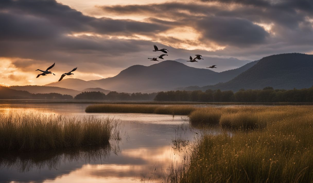 Wild geese in flight over a serene lake at sunset