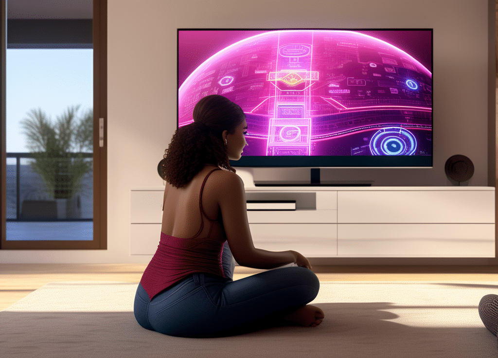 a big booty girl sitting in a smart ai enabled living room