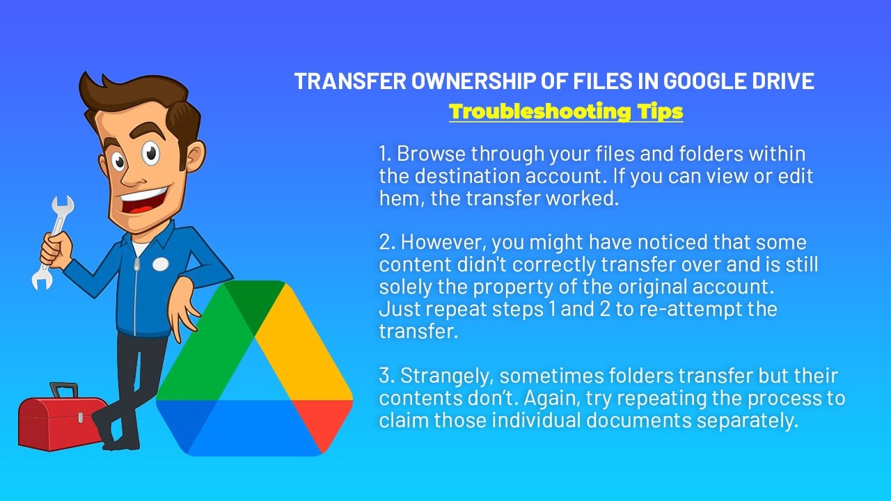 transfer ownership of files in google drive troubleshoot