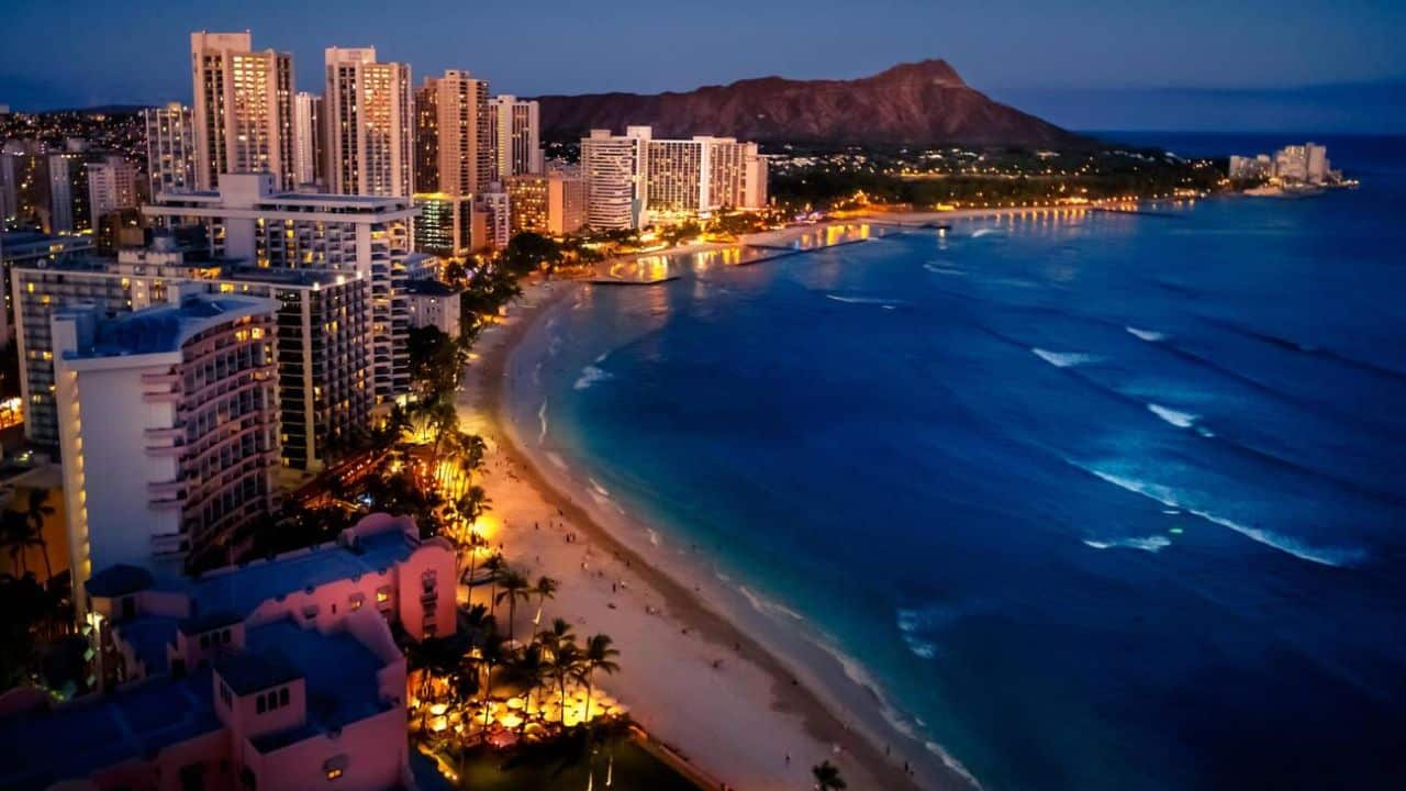 Waikiki Beach and Cityscape at Night, Honolulu, Hawaii, USA