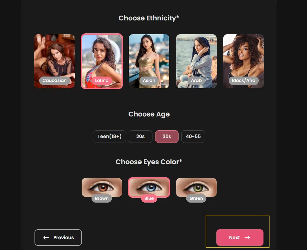 step 3- choose ethnicity, age, and eye color