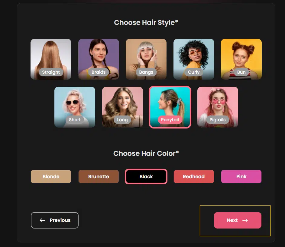step 4- choose hairstyle and hair color