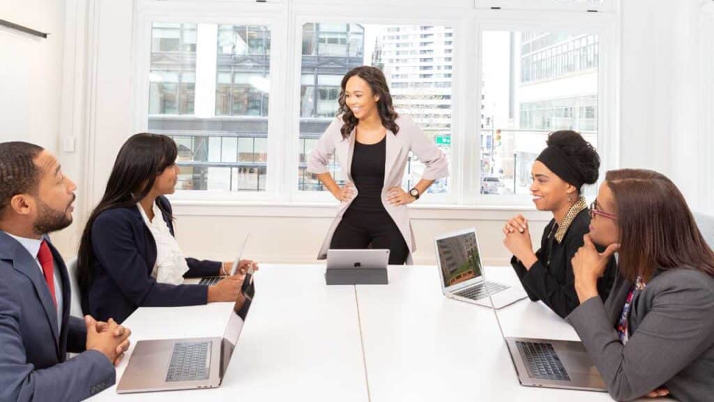 Confident businesswoman leading a team meeting.