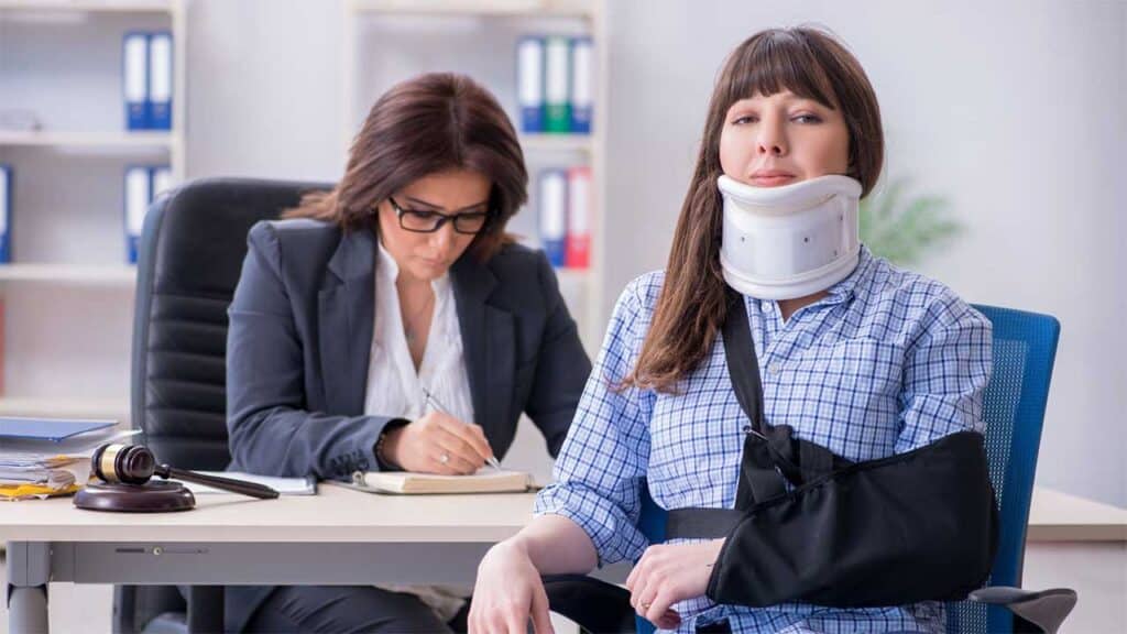 Injured woman consulting with a lawyer in an office.