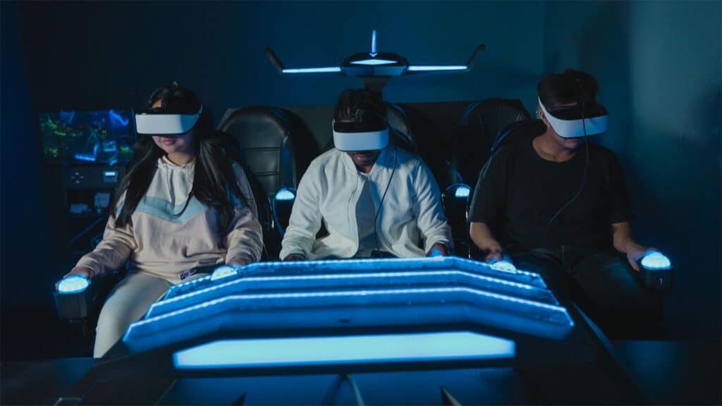 Group of people wearing VR headsets in a futuristic virtual reality gaming setup