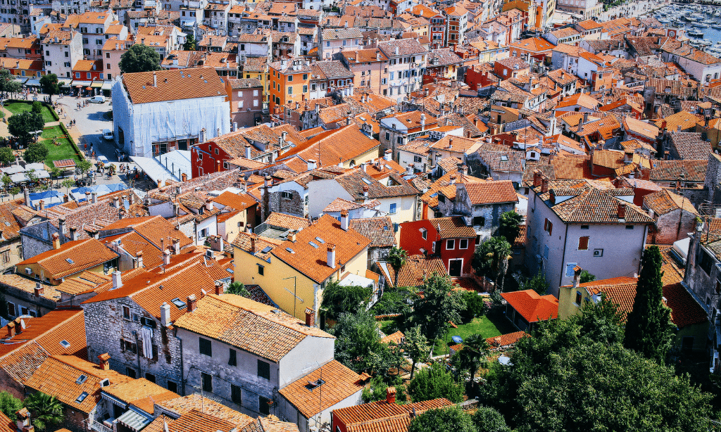 Aerial View of City Buildings and Houses in Rovinj, Croatia