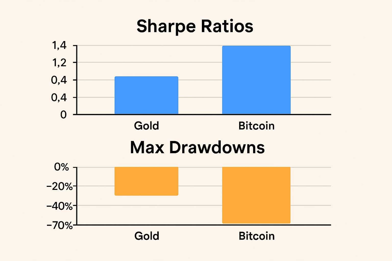 Gold vs. BTC Sharpe ratios and max drawdowns