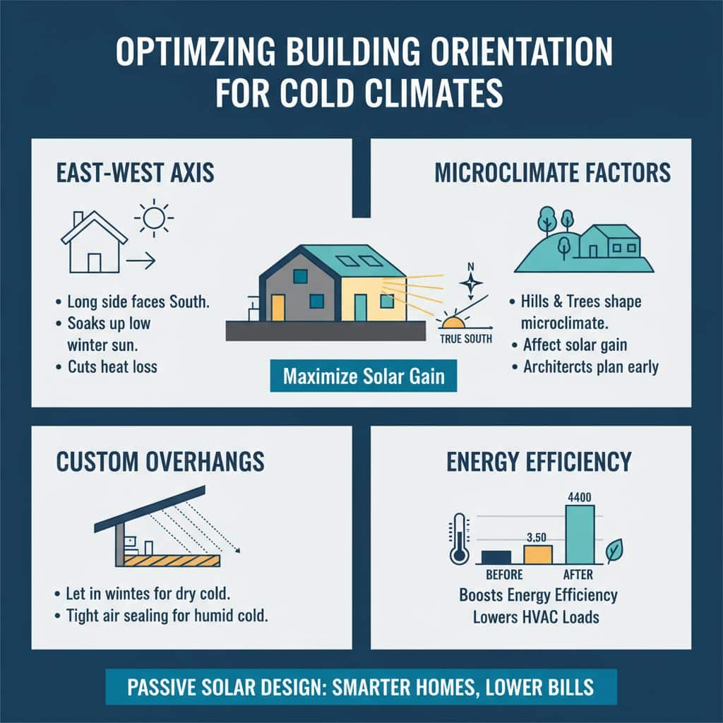How can I optimize building orientation for cold climates