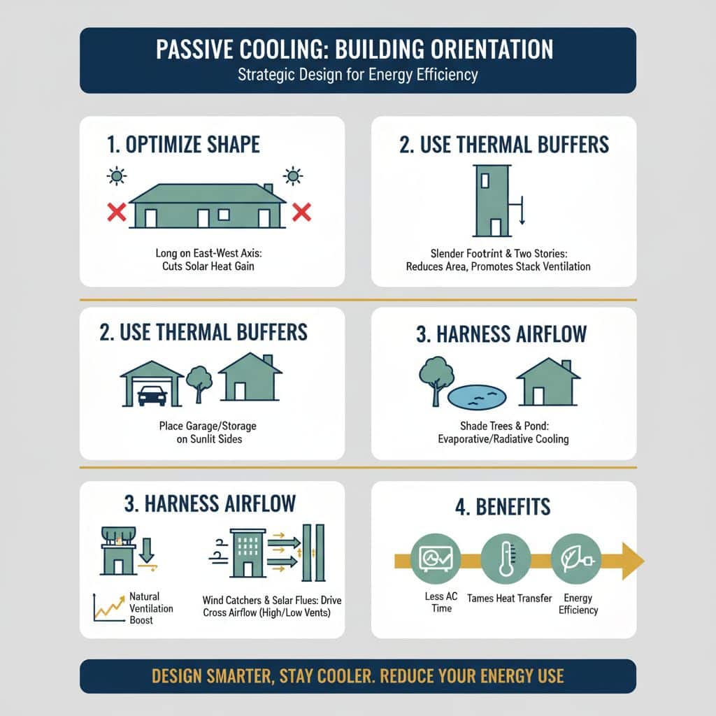 How can building orientation optimize passive cooling