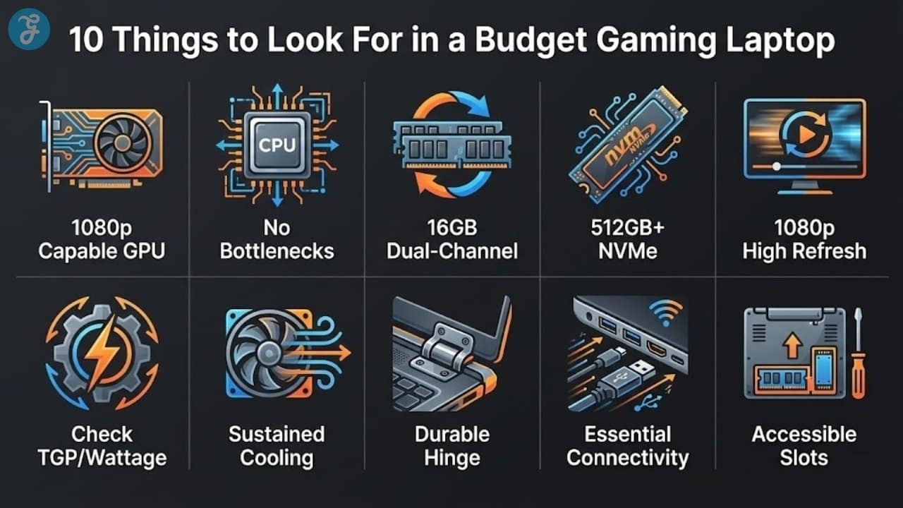 Infographic checklist of 10 key features to look for in budget gaming laptops.