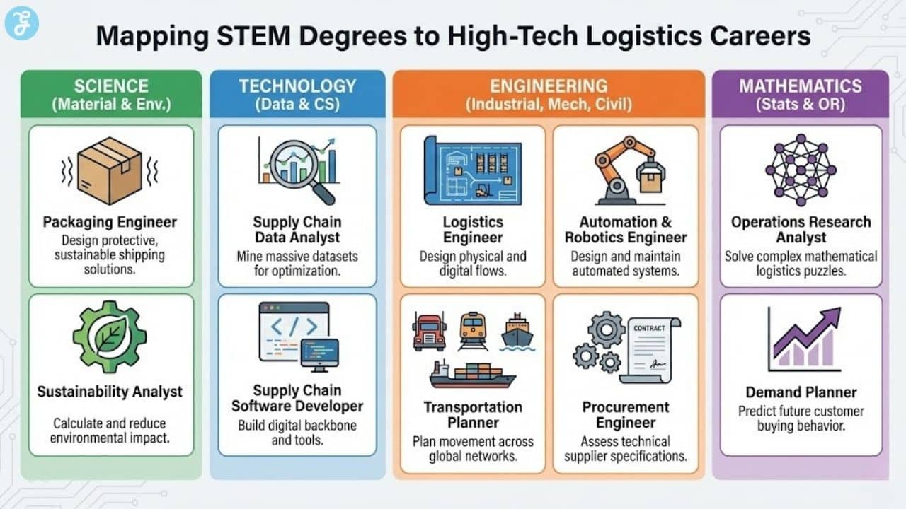 Infographic mapping 10 logistics career paths, such as Data Analyst, Robotics Engineer, and Demand Planner, categorized by Science, Technology, Engineering, and Mathematics disciplines.