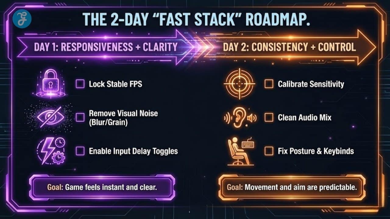 A horizontal timeline infographic titled "The 2-Day Fast Stack Roadmap" outlining a 48-hour plan to improve gaming performance. The visual divides the plan into two sections: Day 1 focuses on "Responsiveness & Clarity" (locking FPS, removing visual noise, input delay), while Day 2 focuses on "Consistency & Control" (sensitivity calibration, audio mix, posture).