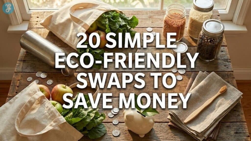 Flat lay of reusable items like tote bags and glass jars on a rustic table with a piggy bank, titled 20 Simple Eco-Friendly Swaps to Save Money.