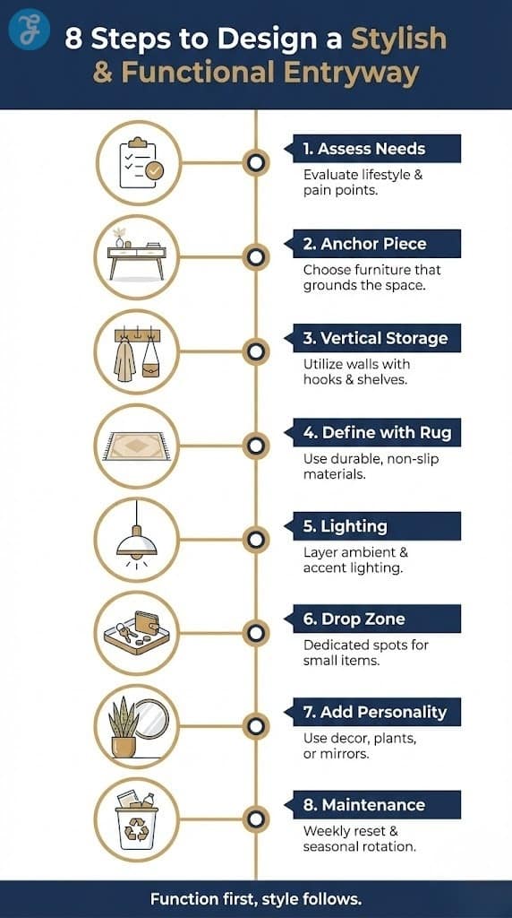 Vertical infographic illustrating an 8-step roadmap to designing a stylish entryway, covering steps from assessing lifestyle needs and lighting to adding personality and maintenance.