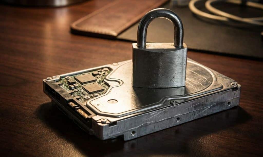 A computer hard drive with a heavy padlock on top representing data security