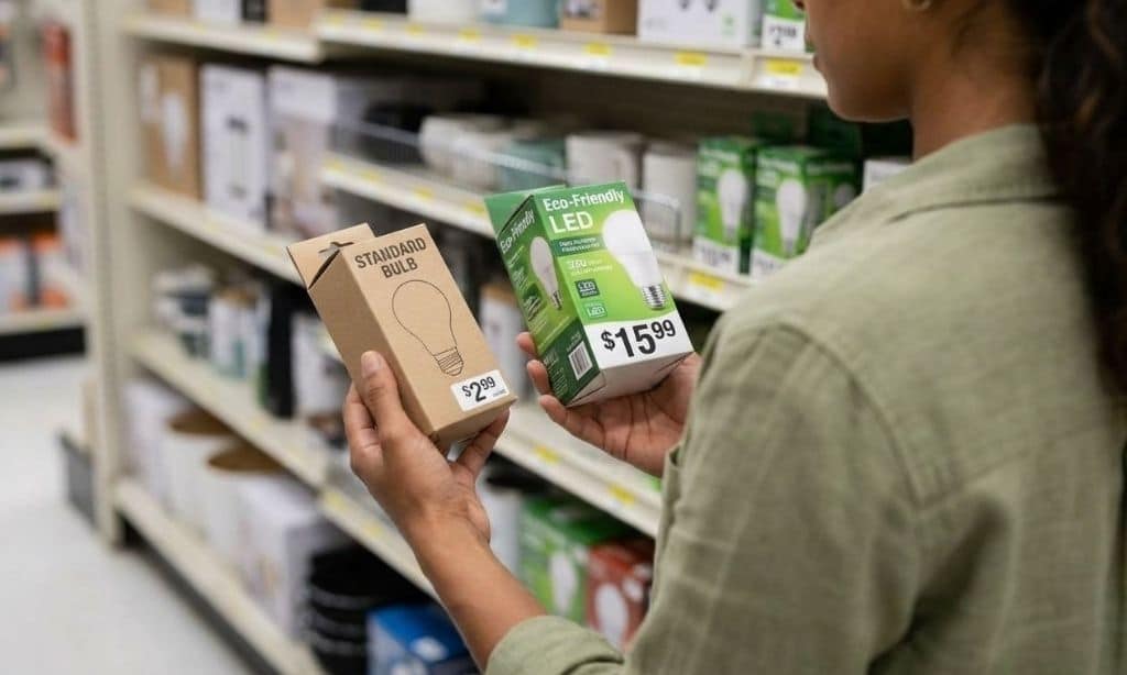 A person comparing the price of a standard lightbulb versus a more expensive eco-friendly option