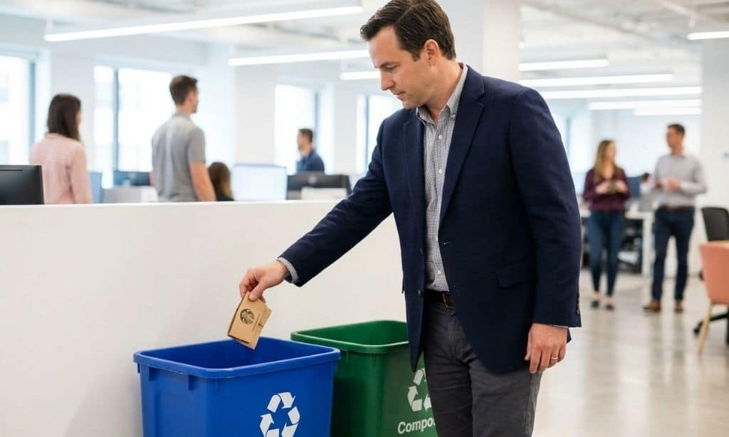 An office worker sorting waste into clearly labeled recycling and compost bins