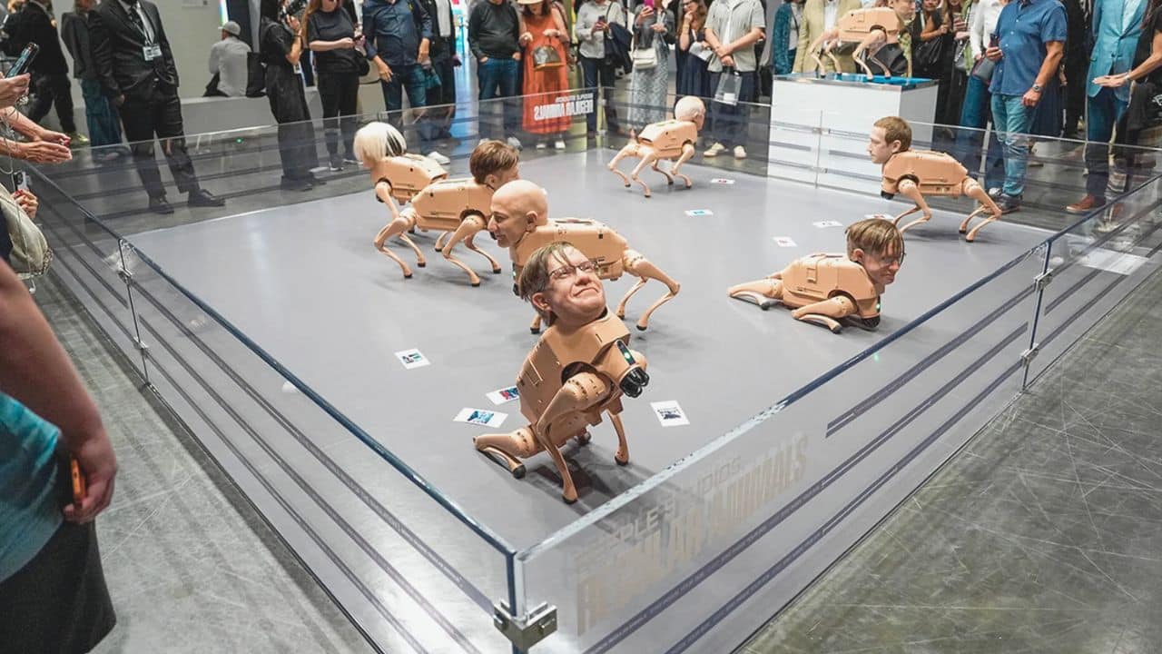 beeple unveils robot dogs with billionaire heads at art basel