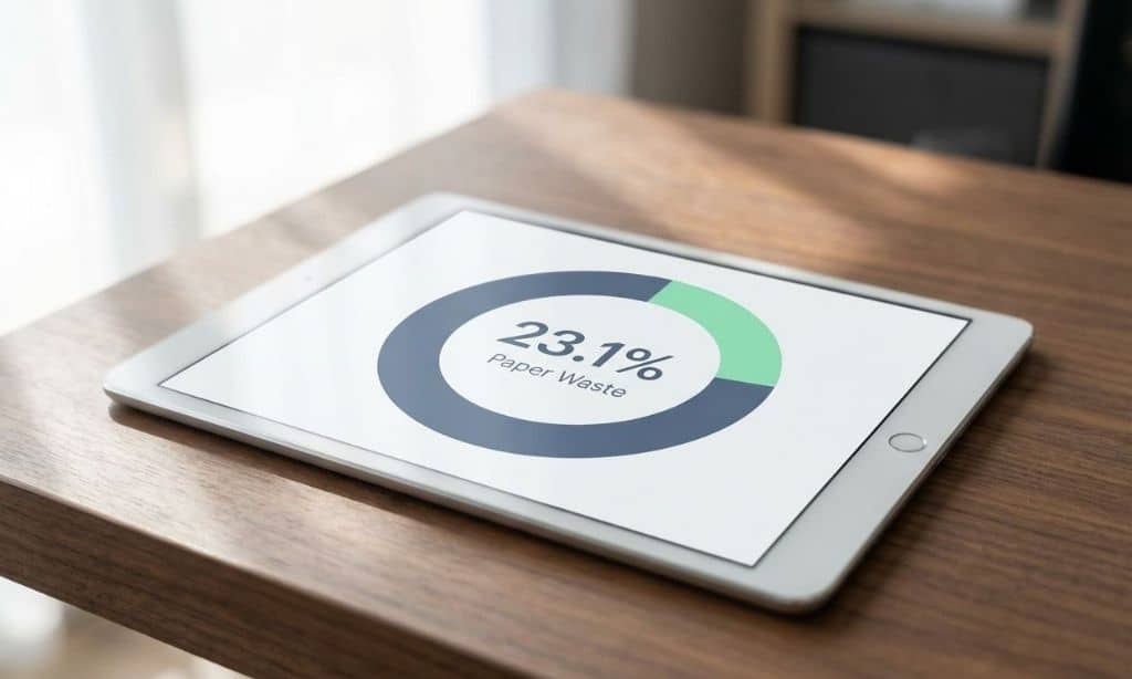 Data visualization on a tablet showing 23.1% paper waste statistics