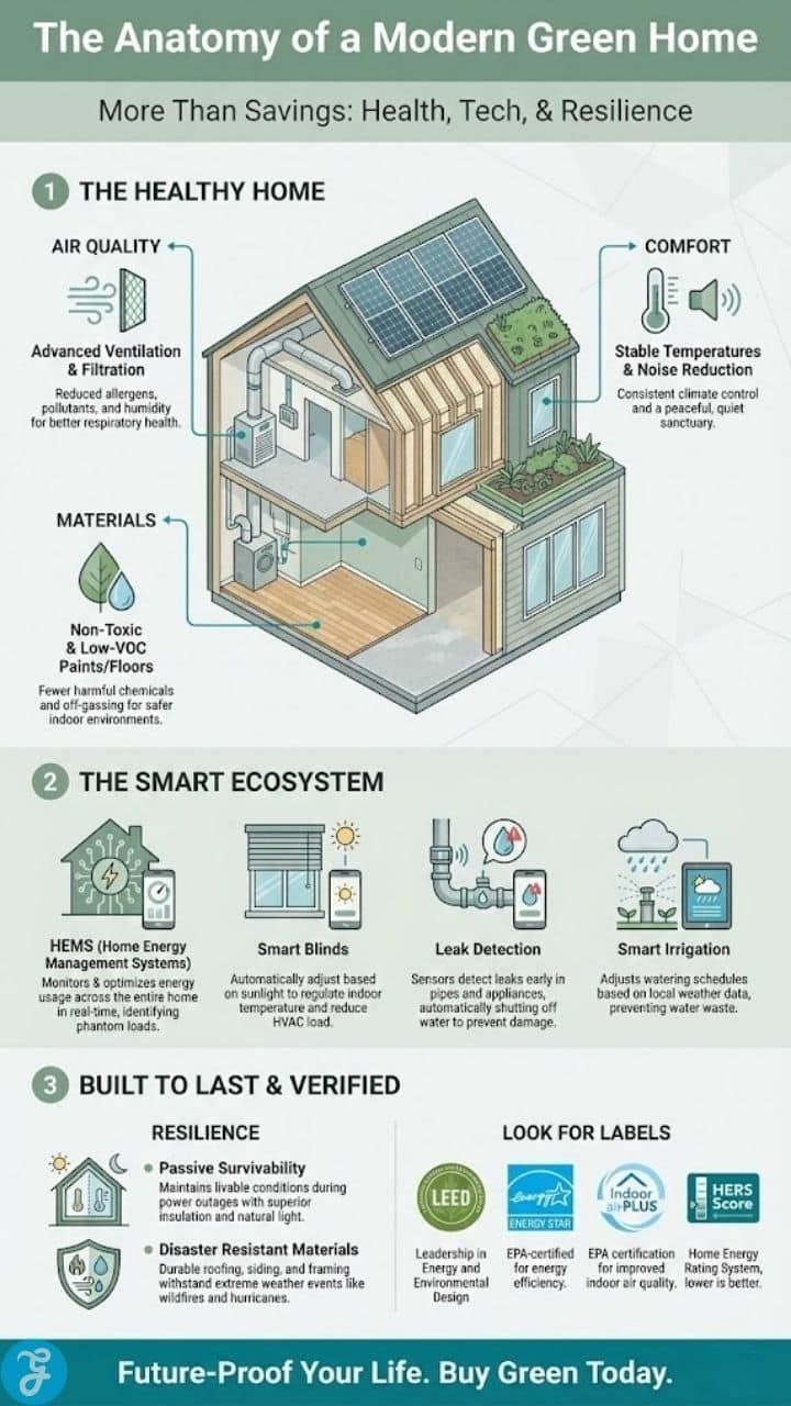 Infographic displaying the anatomy of a green home, detailing features like smart tech, non-toxic materials, improved air quality, and resilience.