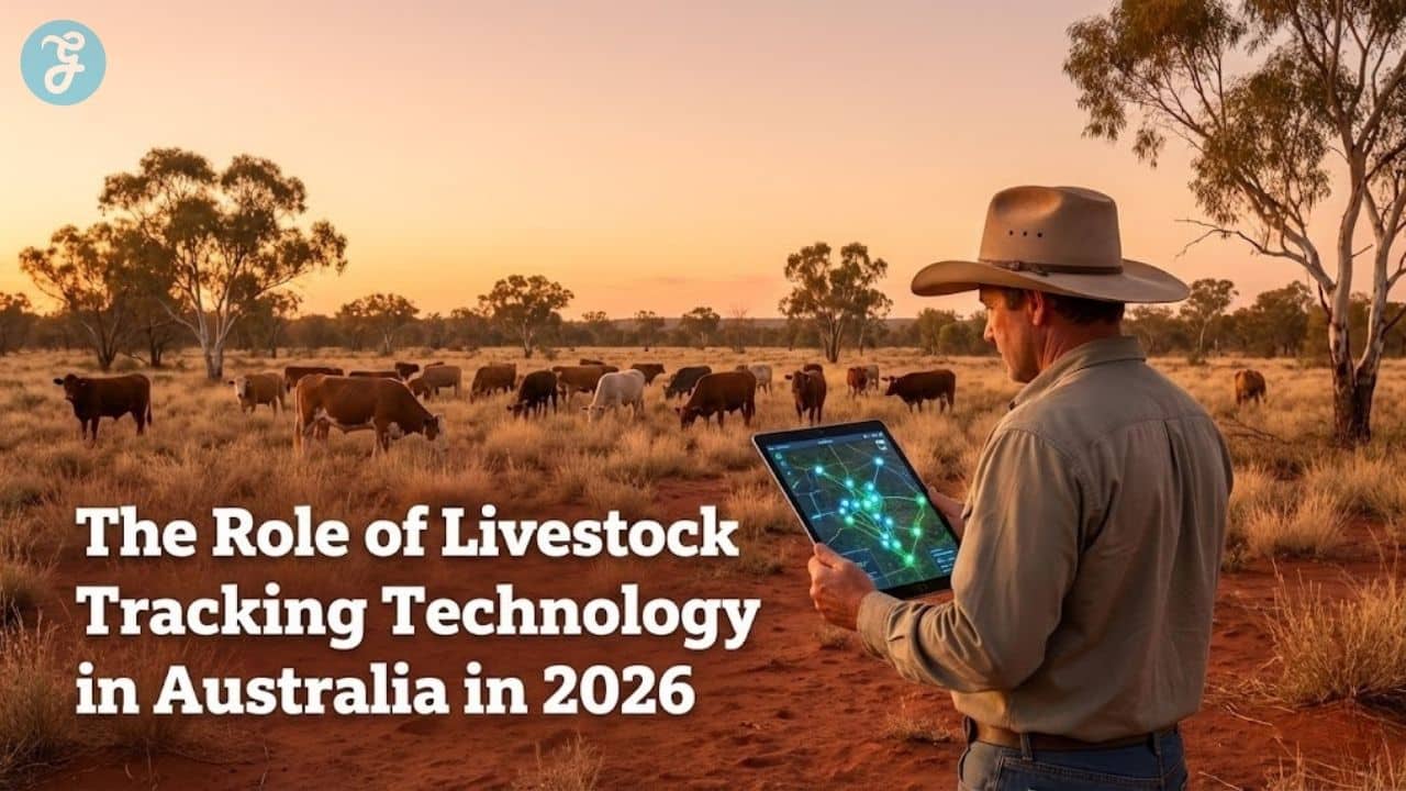A landscape view of an Australian cattle station featuring a farmer holding a tablet displaying digital herd data, with cattle grazing in the background amidst red earth and gum trees. Text overlay reads "Livestock Tracking 2025". livestock tracking technology in Australia featured image