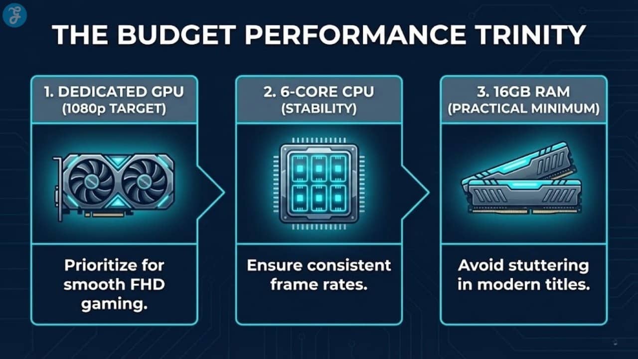 A 1280x720 infographic titled "The Performance Trinity" illustrating the three most important specs for budget gaming: dedicated GPU for FPS, 6-core CPU for stability, and 16GB RAM as the practical minimum.