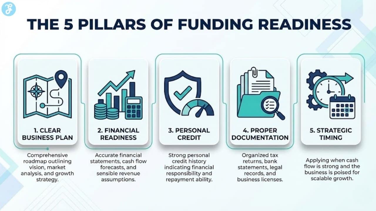 A landscape infographic titled 'The 5 Pillars of Funding Readiness' featuring icons for Business Plan, Financial Readiness, Personal Credit, Documentation, and Strategic Timing.