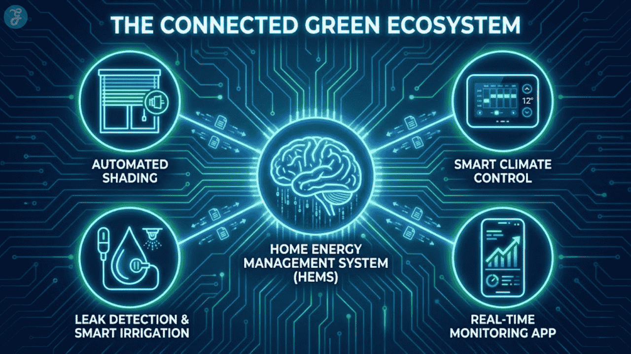 Diagram of a Smart Home Energy Management System connected to automated blinds, thermostat, and leak detectors. should homebuyers consider green real estate