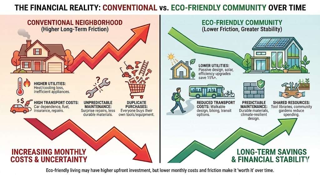 Comparison diagram illustrating how eco-friendly communities offer lower monthly costs and financial stability compared to conventional neighborhoods.