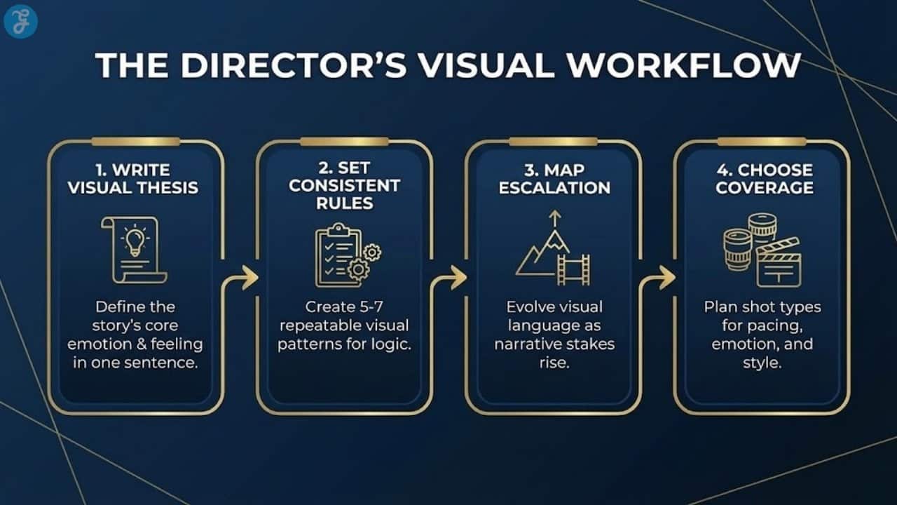 A 4-step process infographic showing the director-cinematographer workflow: Visual Thesis, Set Rules, Map Escalation, and Coverage Philosophy.