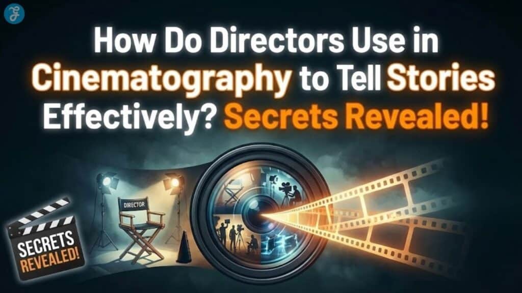 Featured image titled 'How Do Directors Use Cinematography to Tell Stories Effectively? Secrets Revealed!' against a backdrop of a large camera lens reflecting a film set, glowing film strips, and a director's clapboard.