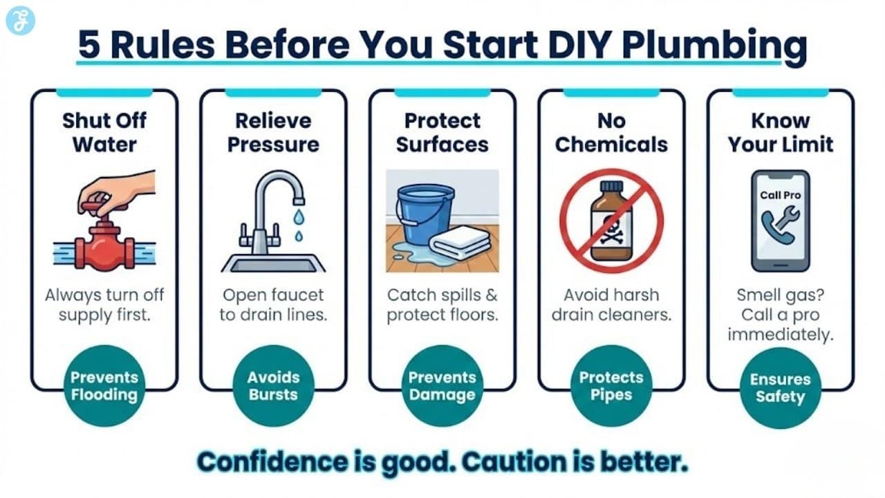 Infographic illustrating safety rules for DIY plumbing, including shutting off water, relieving pressure, and knowing when to call a professional.