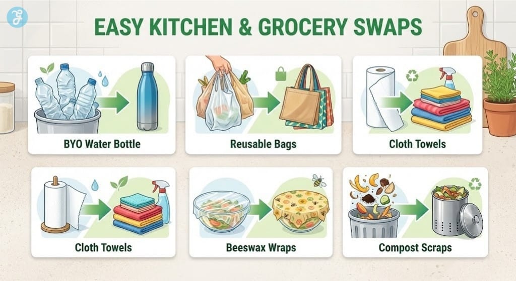 Visual guide showing 5 easy kitchen swaps including reusable water bottles, cloth bags, cloth towels, beeswax wraps, and composting.