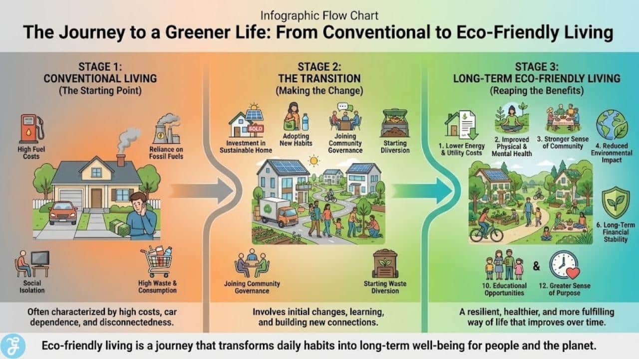 Infographic showing the three core pillars of an eco-friendly community: environmental responsibility, social connection, and financial stability.