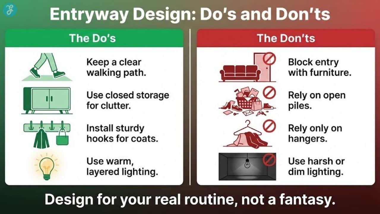 Split-screen infographic titled 'Entryway Design: Do's and Don'ts' highlighting best practices like keeping a clear path versus common mistakes like using bulky furniture.