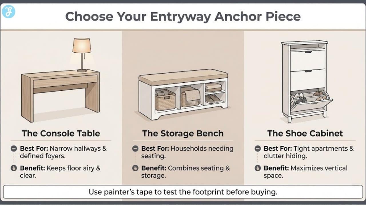 Infographic titled 'Choose Your Entryway Anchor Piece' comparing three furniture options: a console table for narrow halls, a storage bench for seating needs, and a slim shoe cabinet for tight spaces.