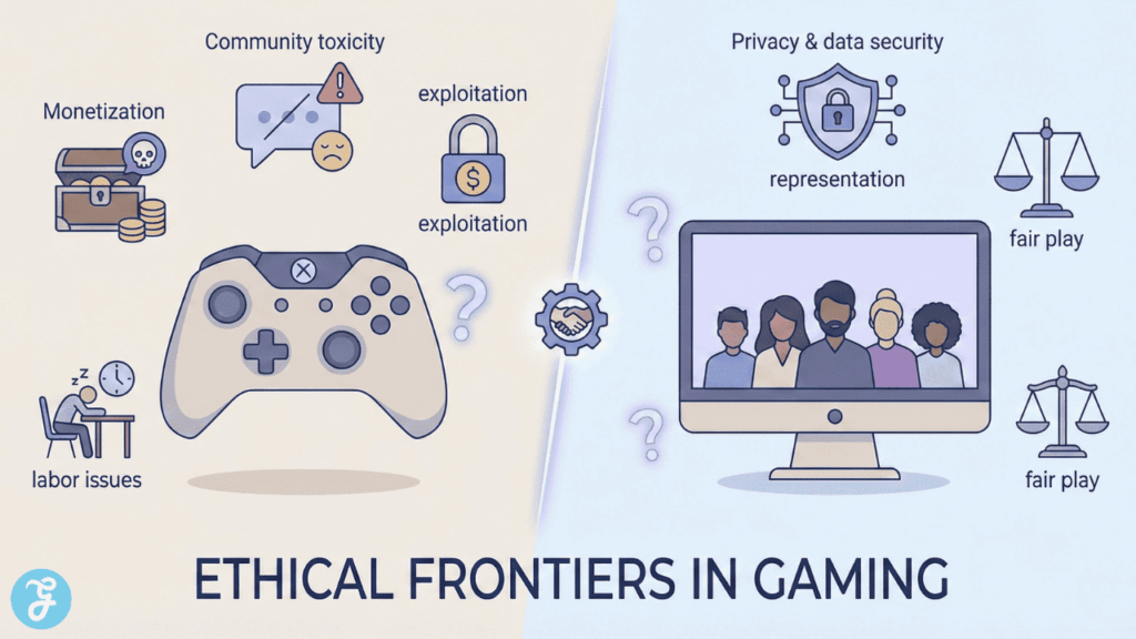 Illustration showing major ethical challenges in gaming, including monetization, toxicity, representation, privacy, and labor issues. Ethical Challenges in Gaming